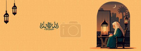 Téléchargez les illustrations : Calligraphie islamique arabe du souhait (Dua) Audhu Billahi Minashaitanir Rajeem (La crainte d'Allah apporte l'intelligence, l'honnêteté et l'amour) et femme musulmane personnage lecture livre à la chaise en soirée ou le matin. - en licence libre de droit