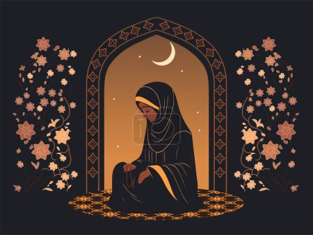 Ilustración de Muslim Young Woman Character Praying With Tasbih In Night On Floral Background (en inglés). Concepto religioso islámico. - Imagen libre de derechos