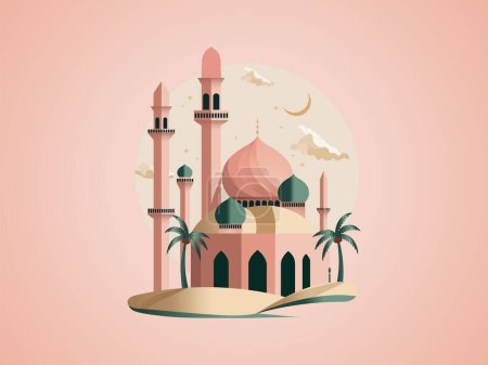 Ilustración de Hermosa mezquita con cocoteros en la luna creciente Beige y rosa fondo y espacio de copia. - Imagen libre de derechos