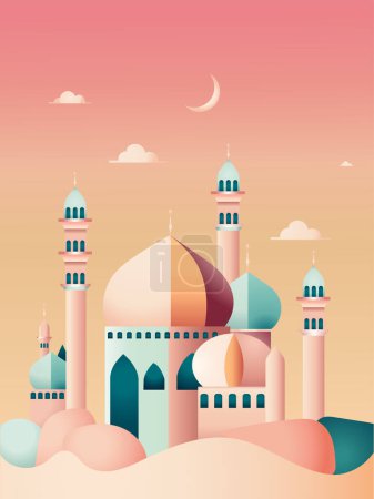 Colorful Beautiful Mosque Illustration On Crescent Moon Gradient Background And Copy Space.