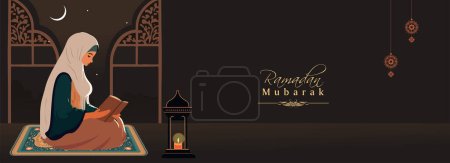 Ramadan Mubarak Banner Diseño Con Mujer Musulmana Joven Personaje Lectura de Libro de Corán En Estera Y Lámpara Árabe Iluminada En Noche.