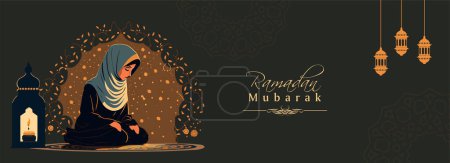 Ilustración de Ramadán Mubarak Diseño de Banner con Mujer Musulmana Joven Ofreciendo Carácter Namaz (Oración) En Lámparas Mat Y Árabes. - Imagen libre de derechos