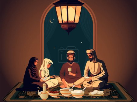 Téléchargez les illustrations : Personnage musulman appréciant les aliments délicieux sur le tapis et la lanterne suspendue. Concept de festival islamique. - en licence libre de droit