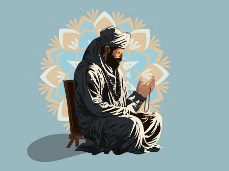 Téléchargez les illustrations : Illustration vectorielle de l'homme musulman offrant Namaz (prière) avec Hold Tasbih sur fond bleu mandala et espace de copie. - en licence libre de droit