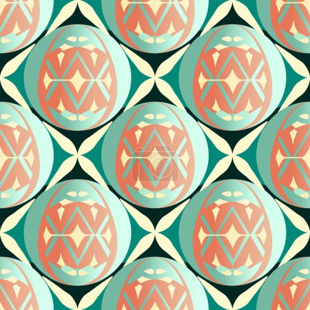 Illustration for Vintage Style Floral Egg Shapes And Rhombus Seamless Background In Green And Orange Color. - Royalty Free Image