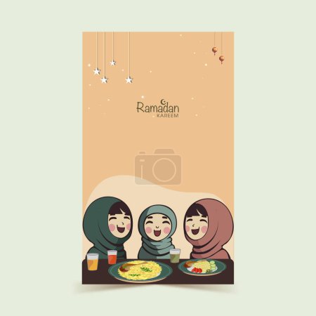 Ilustración de Ramadan Kareem Diseño de pancartas verticales con alegres personajes de chicas musulmanas frente a deliciosos alimentos en el fondo de melocotón. - Imagen libre de derechos