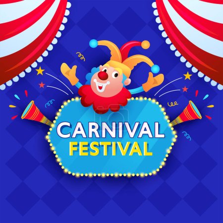 Illustration for Carnival Festival Text On Marquee Vintage Frame With Funny Joker Opening Arms, Vuvuzela And Curtain Corners Background. - Royalty Free Image
