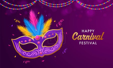 Illustration for Happy Carnival Festival Banner Design With Party Feather Mask, Confetti On Purple Background. - Royalty Free Image