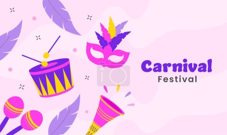 Karneval Festival Banner-Design mit Musikinstrument, Federn, Party-Maske auf rosa Hintergrund.