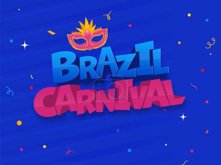 3D Brazil Carnival Text And Party Feather Mask On Confetti Blue Background.