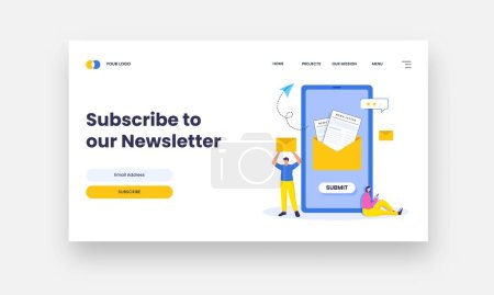 Illustration for Subscribe To Our Newsletter Based Landing Page With Feedback And Mail Submit From Smartphone. - Royalty Free Image