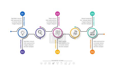 Téléchargez les illustrations : Modèle de chronologie d'infographie d'affaires avec diverses étapes, icônes. Concept de flux de travail. - en licence libre de droit