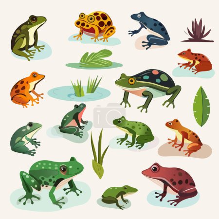 Ilustración de Conjunto de diferentes tipos de personaje de rana con elemento de hojas. - Imagen libre de derechos