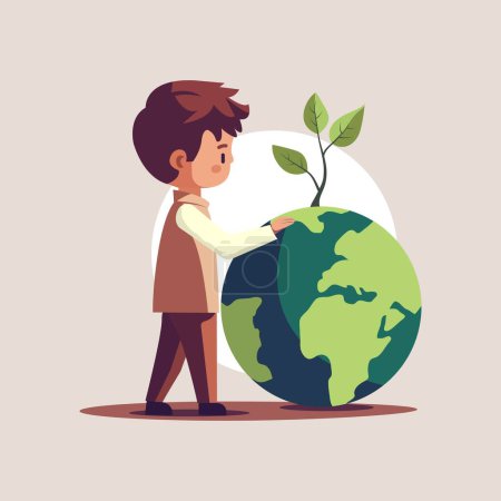 Side View of Boy Character Standing Near Planting Globe On Beige Background.