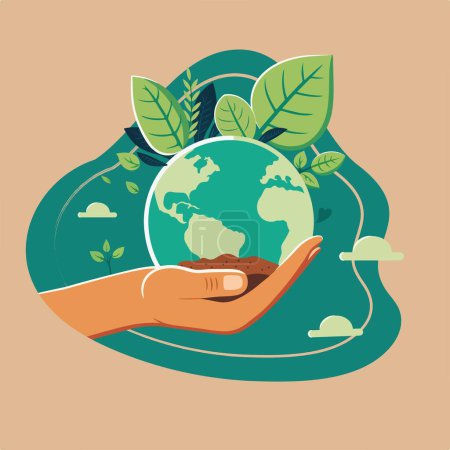 Human Hands Holding Soil With Earth Globe, Leaves On Teal And Brown Background.