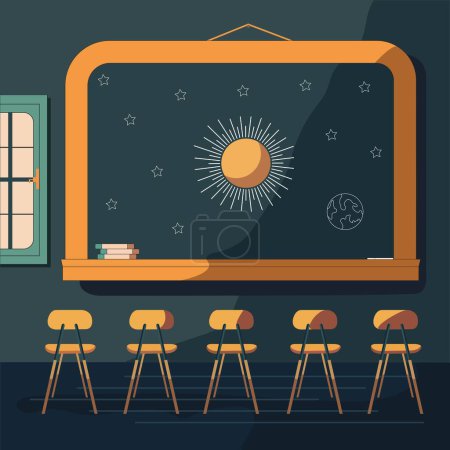 Illustration for Classroom Interior View With Chairs, Earth Globe And Sun In Sky On Chalkboard Illustration. - Royalty Free Image
