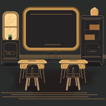 Illustration for Classroom Interior View With Separate Student Desk, Empty Board, Cabinet And Bookshelves. - Royalty Free Image