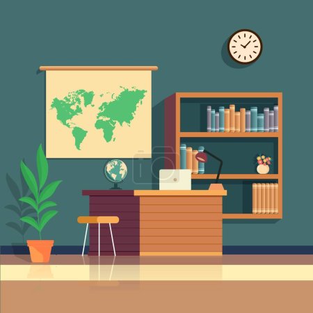 Study Room or Classroom Interior View With Desk, Table Lamp, Laptop, Earth Globe Stand, Bookshelves, Plant Pot, Wall Clock And World Map Illustration.