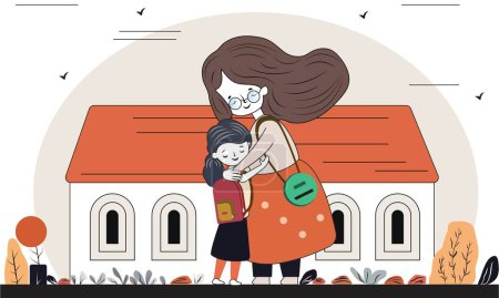 Ilustración de Joven mujer carácter abrazando linda chica en frente de casa en blanco y beige fondo. - Imagen libre de derechos