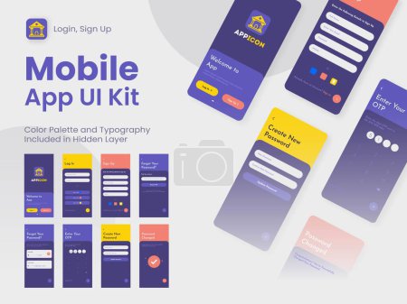 Illustration for Wireframe UI, UX, GUI Layout With Different Login Screens Including Account Sign In, Sign Up And Password Change For Mobile App. - Royalty Free Image
