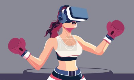 Téléchargez les illustrations : Vecteur de Boxer femelle portant un casque VR avec des gants de boxe sur fond gris et violet. - en licence libre de droit