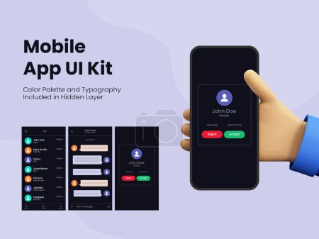 Illustration for Mobile App UI Kit Including as Call Details, Message and Incoming Calls Accept and Reject Button on Screen of Smartphone. - Royalty Free Image