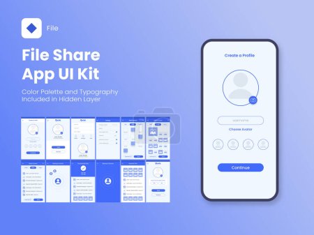 Illustration for File Share App UI Kit and Different Screens Template on Blue Background. - Royalty Free Image