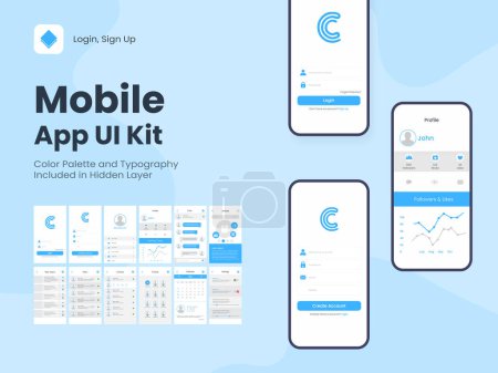 Illustration for Wireframe UI, UX and GUI Layout with Different Login Screens including Create Account, Sign In, Sign Up, Chatting, Contact, Setting for Mobile Apps or Responsive Website. - Royalty Free Image