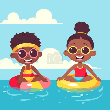 Illustration for Happy African Boy and Girl Character Sitting Swimming Ring in Water for Pool Party on Summer Holiday. - Royalty Free Image