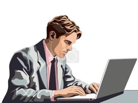 Ilustración de Ilustración del carácter del hombre de negocios usando el ordenador portátil en el escritorio sobre fondo blanco. - Imagen libre de derechos