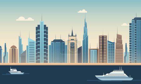 Téléchargez les illustrations : Moderne ville Skyline Building de la région métropolitaine avec bateau de croisière. - en licence libre de droit