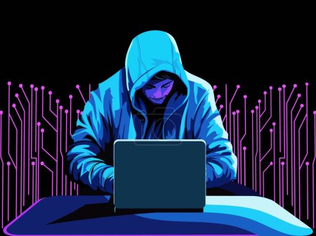 Anonyme Hacker verwenden Laptop am Schreibtisch auf Technologie-Hintergrund.