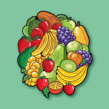 Sticker Style Fresh Fruits Bunch on Green Background.