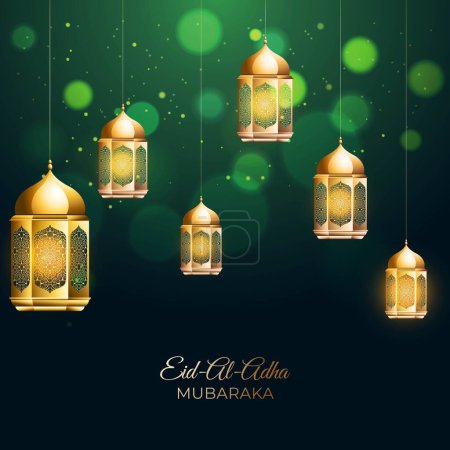 Ilustración de Diseño de póster de Eid-Al-Adha Mubarak con lámparas árabes doradas colgadas decoradas sobre fondo verde de Bokeh. - Imagen libre de derechos