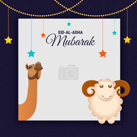 Illustration for Eid-Al-Adha Mubarak Greeting Card with Illustration of Cartoon Sheep, Camel and Hanging Stars Decorated on Blue Background. - Royalty Free Image