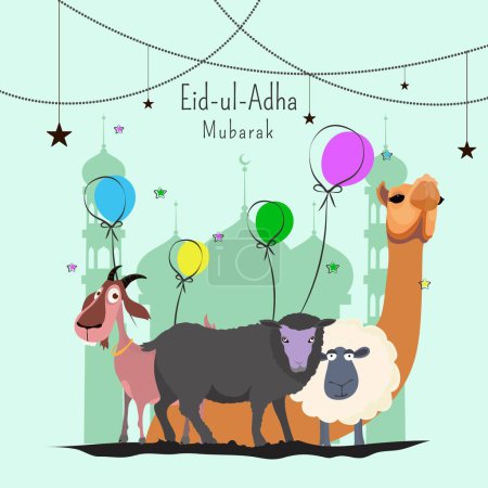 Ilustración de Tarjeta de felicitación Eid Ul Adha Mubarak decorada con estrellas, globos coloridos y personajes de animales de dibujos animados en el fondo de la mezquita de la silueta. - Imagen libre de derechos