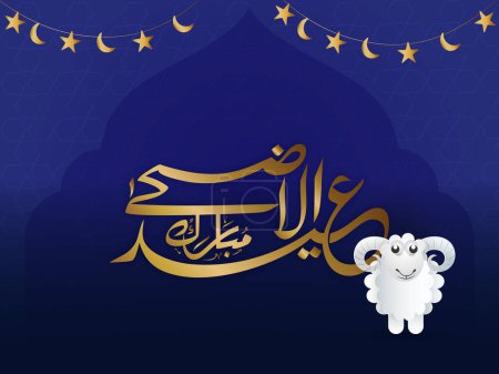 Ilustración de Caligrafía árabe dorada de Eid-Al-Adha Mubarak con caricatura de papel de oveja y guirnalda de media luna, estrellas decoradas sobre fondo azul. - Imagen libre de derechos