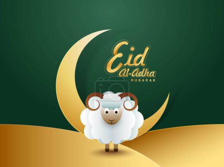 Ilustración de Concepto de Eid-Al-Adha Mubarak con luna creciente dorada y ovejas de papel sobre fondo verde. - Imagen libre de derechos