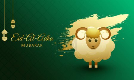 Ilustración de Eid-Al-Adha Mubarak (Festival del Sacrificio) Concepto con ovejas de dibujos animados, lámparas árabes colgantes y efecto de pincelada dorada sobre fondo geométrico verde. - Imagen libre de derechos