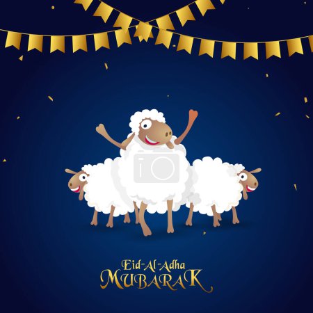 Ilustración de Tarjeta de felicitación Eid-Al-Adha Mubarak o diseño de póster con alegres personajes y pandillas de tres ovejas decoradas sobre fondo azul brillante. - Imagen libre de derechos