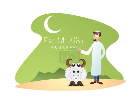 Ilustración de Hombre Musulmán Señalando el Mensaje Texto de Eid-Ul-Adha Mubarak con Ovejas de Dibujos Animados, Luna Media Luna en Fondo Verde y Blanco para el Concepto del Festival Islámico. - Imagen libre de derechos