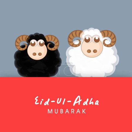 Ilustración de Tarjeta de felicitación de Eid-Ul-Adha Mubarak con dos personajes de ovejas de dibujos animados sobre fondo rojo y pizarra, concepto del Festival Islámico del Sacrificio. - Imagen libre de derechos