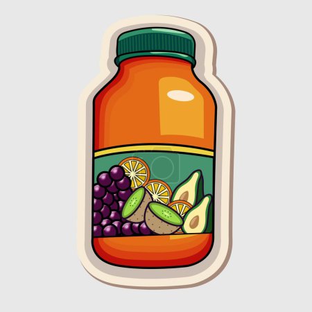 Illustration for Different Fruit Ingredients Bottle In Sticker Style. - Royalty Free Image
