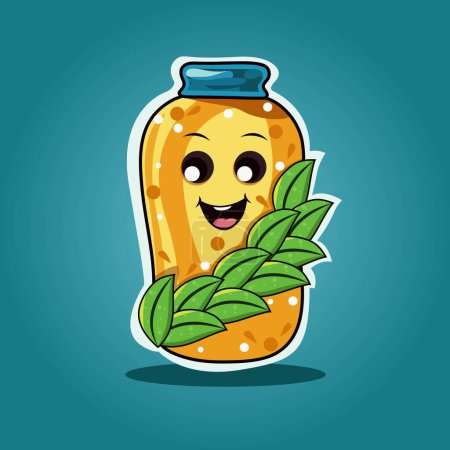 Illustration for Sticker Style Happy Bottle Mascot with Leaves on Teal Background. - Royalty Free Image