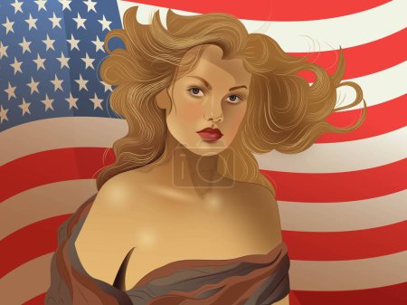 Illustration for Blonde Young Woman Covering Her Body with Cloth Against Backdrop of American Flag. Concept of 4th July, Independence Day, Veterans Day. - Royalty Free Image