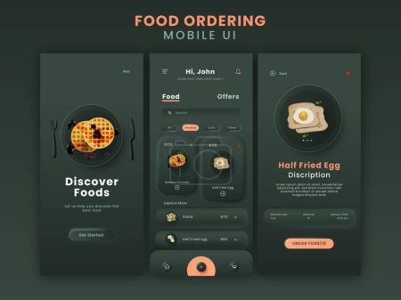 Illustration for Food Ordering Mobile App UI Kit Including as Get Started, Food Menu Details for Responsive Website. - Royalty Free Image