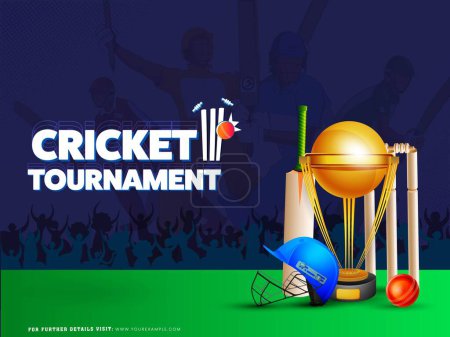 Illustration for Cricket Tournament Poster Design with 3D Golden Winning Trophy Cup, Cricket Equipments on Green and Blue Silhouette Fans Cheering Background. - Royalty Free Image