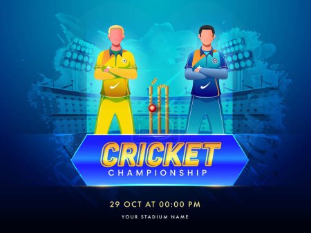 Cricket Championship Konzept mit gesichtslosen Cricket-Spielern der teilnehmenden Mannschaft auf Blue Brush Texture Stadium Hintergrund.