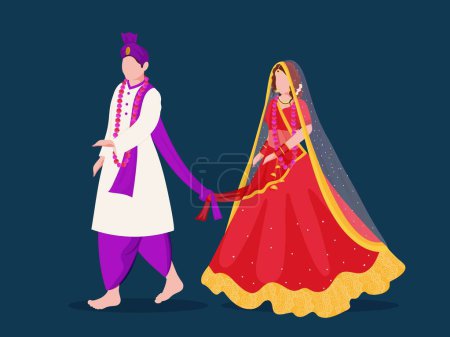 Indian Newlywed Couple Ties the Knot According to Hindu Marriage Against Blue Background.