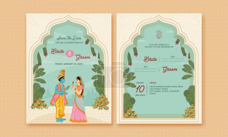 Ilustración de Tarjeta de invitación de boda india con hermoso carácter de pareja del Señor Krishna y Radha. - Imagen libre de derechos